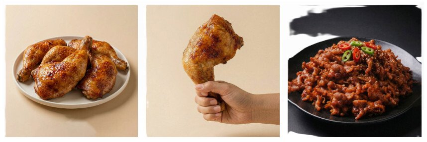 비오비코리아의 네이버쇼핑 바로가기 대표 메뉴 - 노릇하게 구워진 통닭다리 구이와 매콤한 양념 닭발 요리